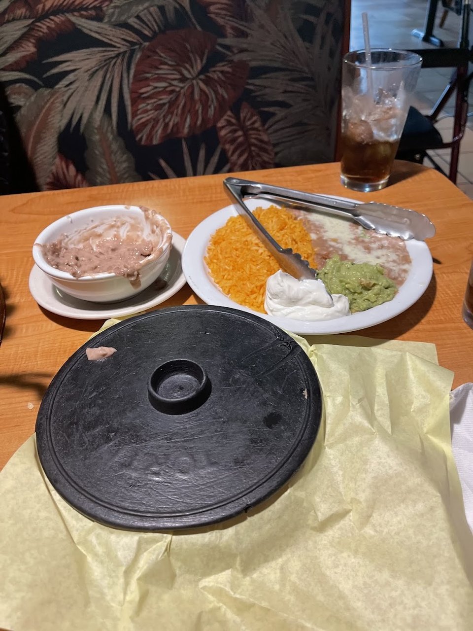 Printed menu with beverages and margaritas.