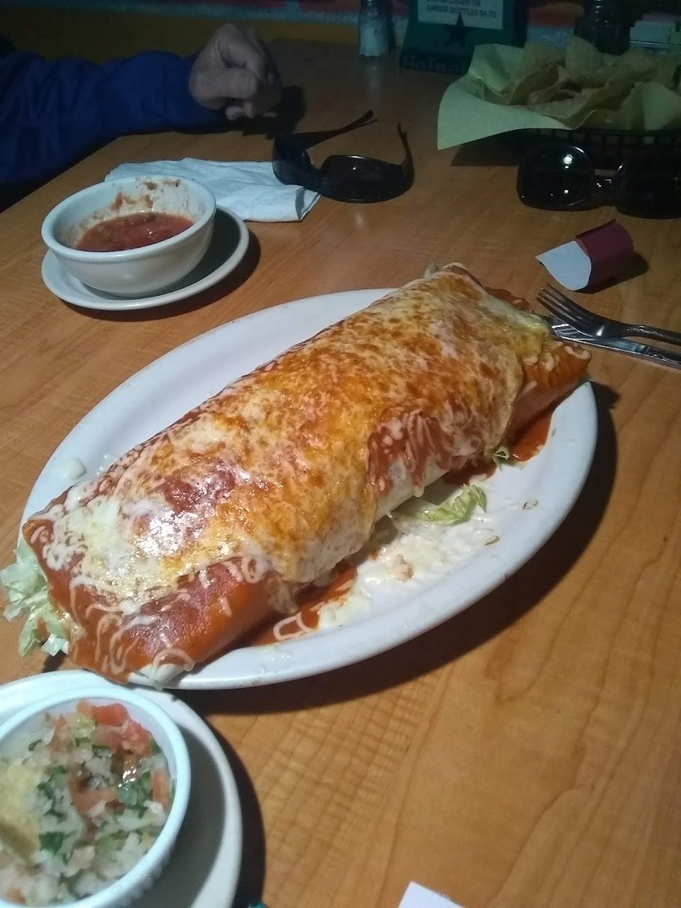 Mexican dishes listed beside beer and wine.