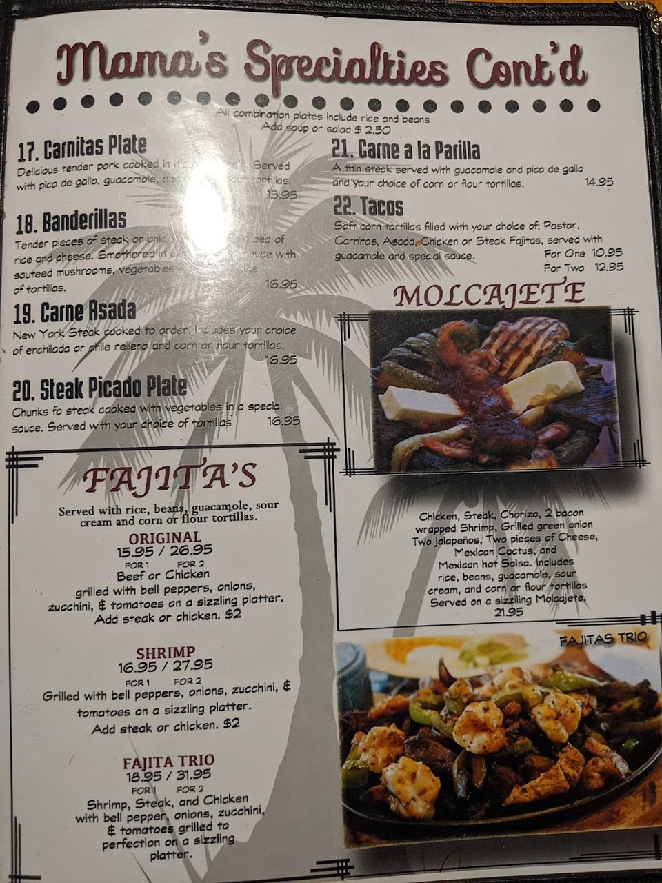 Printed menu with beverages and margaritas.