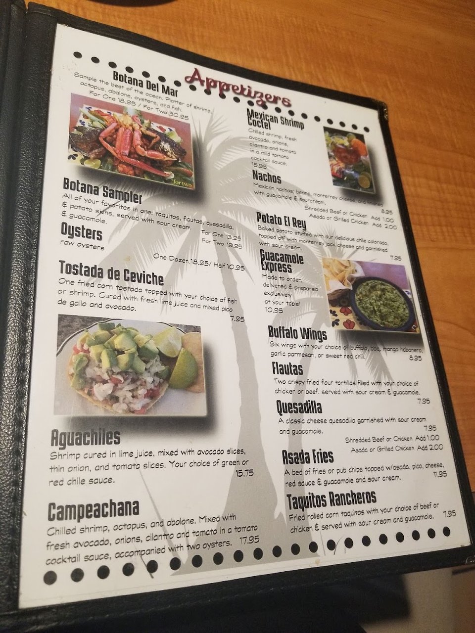 Mexican dishes listed beside beer and wine.