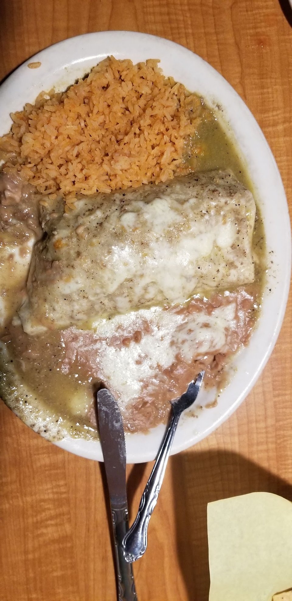 Chili Verde Burrito Rice and Beans